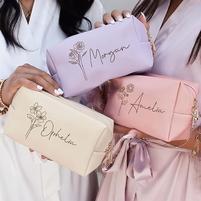 DayOfShe Personalized Makeup Bag with Name and Birth Flower Bridesmaid Gifts,Name Toiletry Bag Mothers Day Mom Gifts,Custom Travel Makeup bag for Bridal Shower Gifts