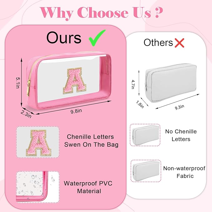Personalized Initial Letter Clear Makeup Bag,Preppy Small Nylon&PVC Cosmetic Zipper Bag with Chenille Letter,Portable Beach Travel Skincare Toiletry Bag,Trendy Monogram Gift for Teen Girls Women,O