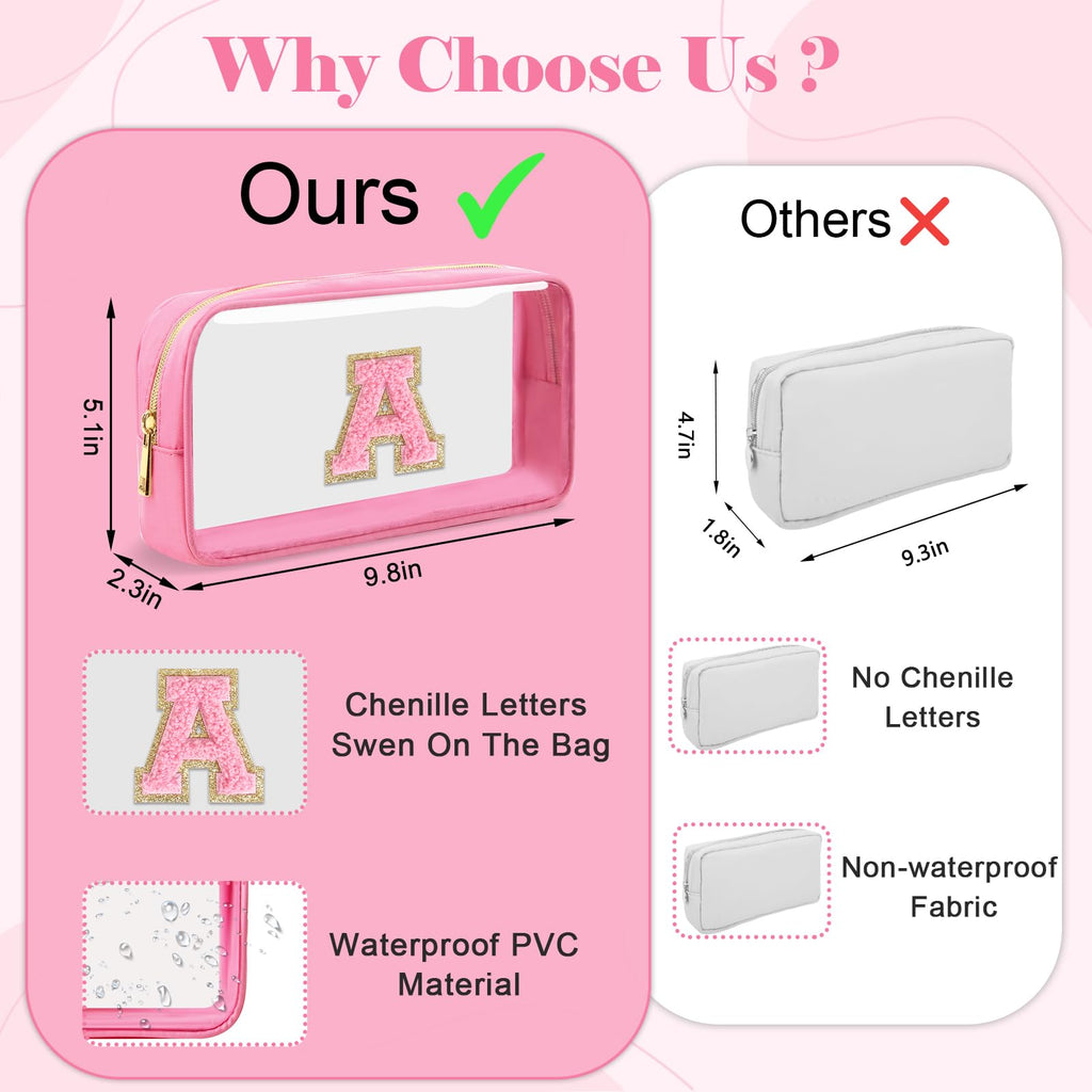 Personalized Initial Letter Clear Makeup Bag,Preppy Small Nylon&PVC Cosmetic Zipper Bag with Chenille Letter,Portable Beach Travel Skincare Toiletry Bag,Trendy Monogram Gift for Teen Girls Women,I