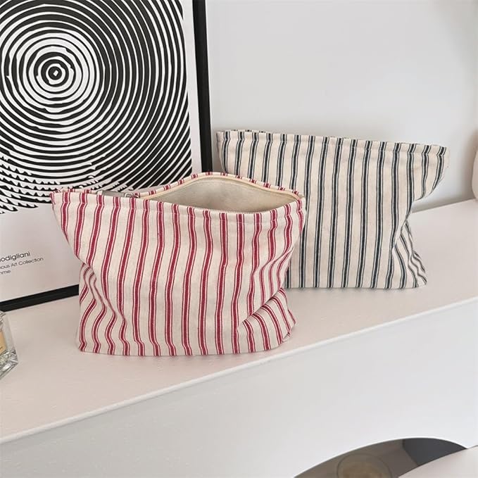 Flat Makeup Bag for Women,Zipper Cosmetic Pouch Purse,Vintage Stripe Red