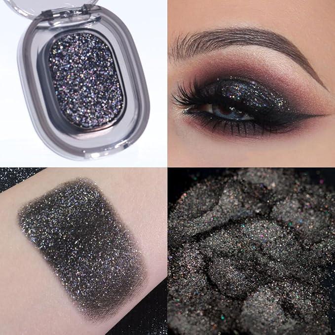 FeiCuiYun Black Glitter Eyeshadow Palette Makeup for Women, Glitter Shimmer Metallic Holographic Iridescent Single Monochrome Eyeshadow Halloween Birthday Party Wear Makeup, Sombras Crema Para Ojos