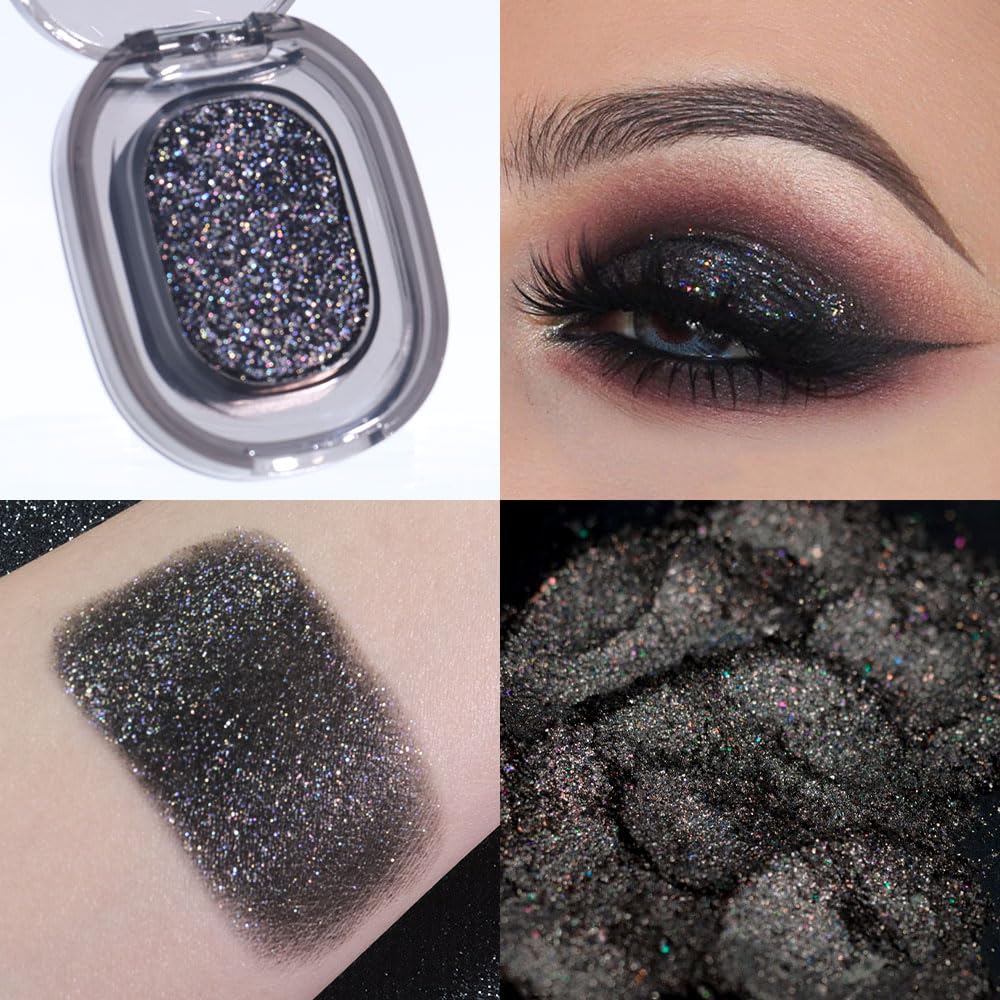 FeiCuiYun Black Glitter Eyeshadow Palette Makeup for Women, Glitter Shimmer Metallic Holographic Iridescent Single Monochrome Eyeshadow Halloween Birthday Party Wear Makeup, Sombras Crema Para Ojos