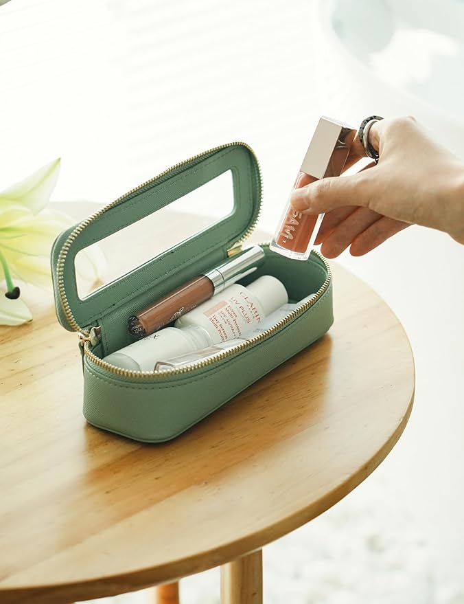 Popvibe Clear Makeup Bag Travel Cosmetic Case Transparent Toiletry Bag with Zipper, Portable Make Up Organizer Traveling Compact Car Bag for Essentials, Sage Green, Slim