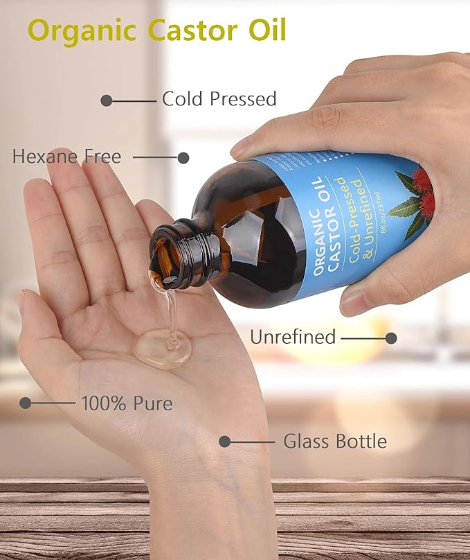 VRJEUGO Castor Oil Organic Cold Pressed Unrefined, Amber Glass Bottle with Castor Oil Pack Wrap and Cotton Flannel Cloth for Body, 8oz/237ml