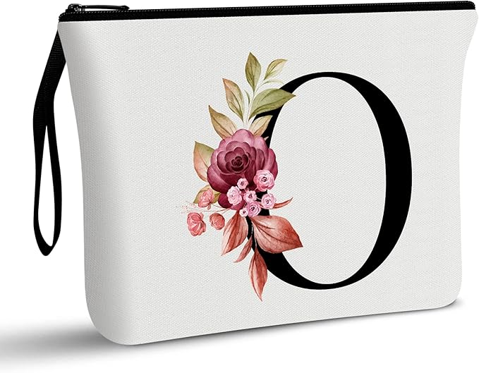 Vavabox A-Z Personalized Makeup Bag, Birthday Gifts for Women Mom, Gifts for Best Friend, Bride Bridesmaid Cosmetic bag (O, 01-White)