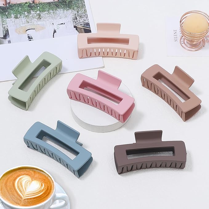 Sisiaipu 4 Inch Big Hair Claw Clips 6 Pcs Large Claw for Thick Hair Square Hair Clips for Women Rectangle Hair Clips Nonslip Acrylic Banana Jaw Clips Hair Accessories for Girls (Brown Colorful)