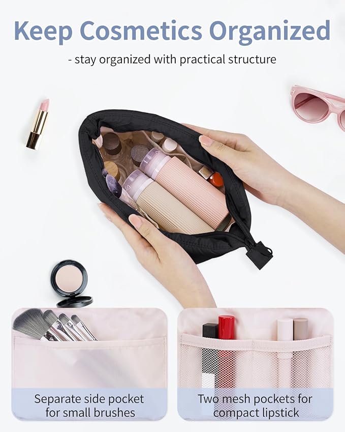 Narwey Black Travel Makeup Bag Women Girl, Cute Makeup Cosmetic Pouch, Puffer Makeup up Organizer Bag, Travel Toiletry Bag (Black)