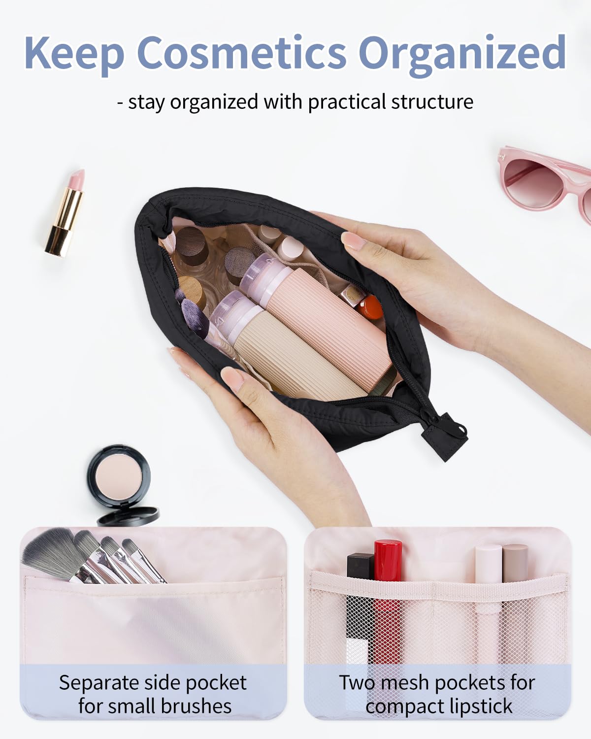 Narwey Black Travel Makeup Bag Women Girl, Cute Makeup Cosmetic Pouch, Puffer Makeup up Organizer Bag, Travel Toiletry Bag (Black)