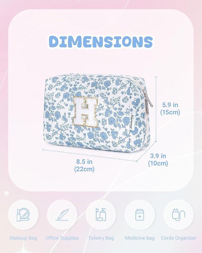 Narwey Birthday Gifts for Teen Girls Kids Women Personalized Initial Floral Makeup Bag Cute Cosmetic Trendy Stuff 6 8 10 11 12 13 14 16 18 Years Old Travel Toiletry Bag (Little Blue Flower H)