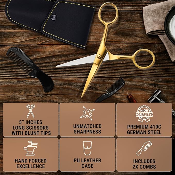 Ontaki 5" Beard & Mustache Scissor with Combs for Men - Gold Brass