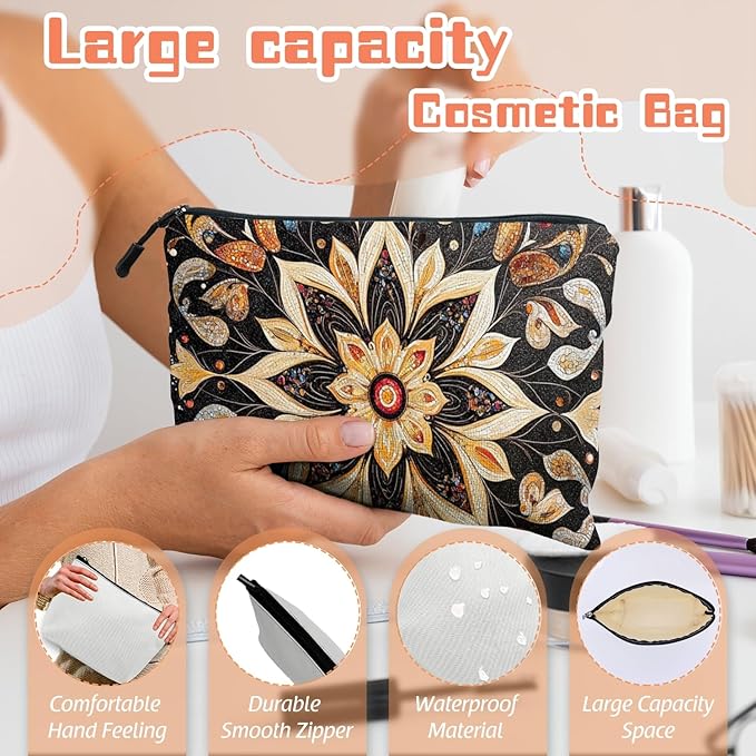 Scribesense Cosmetic Bags Travel Makeup Toilet Case Waterproof Pouch for Women Girls 6.7X9.45inches - Symmetrical Gold Flower Pattern