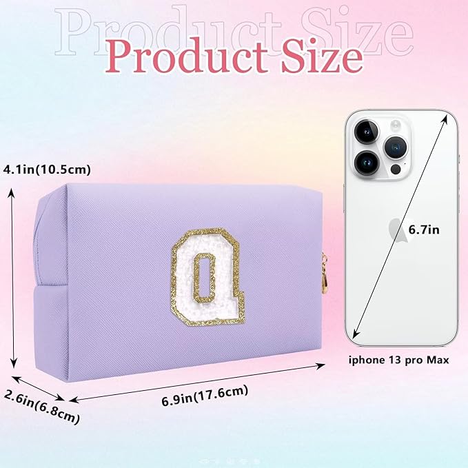 Small Personalized Letter Makeup Bag, Cute PU Leather Chenille Letters Cosmetic Bag Travel Makeup Pouch, Preppy Travel Organizer Zipper Pouch for Women&Girls（Purple-Q）