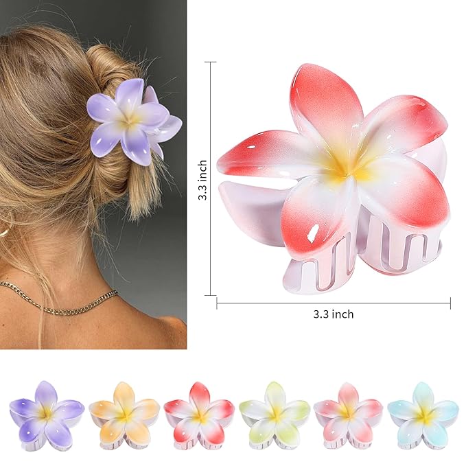 CHANDAT Flower Hair Clips 6 PCS Hawaiian Claw Clips for Vacation Hibiscus Hair Claw Clips Cute Large Hair Clips for Thick and Thin Hair Plumeria Hair Accessories for Women Girls -Light Petal