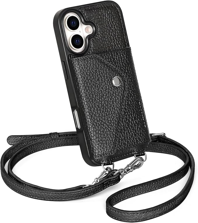 LUCKYCOIN Crossbody Phone Case for iPhone 17,100% Genuine Leather Phone Wallet Case for Women, Fashion Premium Hands-Free Phone Purse with Expandable Flip Card Holder & Adjustable Strap - Pebble Black