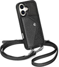 LUCKYCOIN Crossbody Phone Case for iPhone 17,100% Genuine Leather Phone Wallet Case for Women, Fashion Premium Hands-Free Phone Purse with Expandable Flip Card Holder & Adjustable Strap - Pebble Black