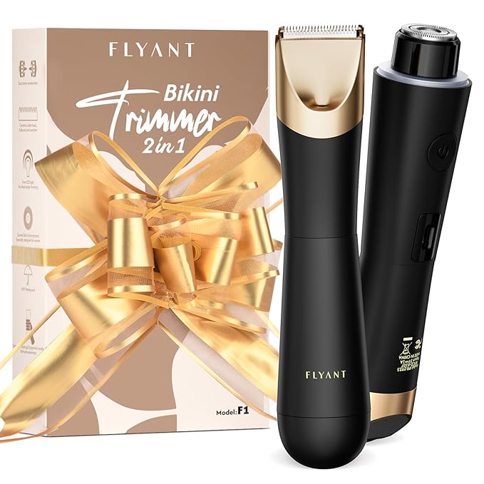 Bikini Trimmer for Women, Flyant 2 in 1 Electric Shaver for Women, Pubic Hair Trimmer Waterproof IPX7 with LED, Bikini Razor for Leg Arm Underarm Bikini Area, Christmas Gifts for Her - Black Gold
