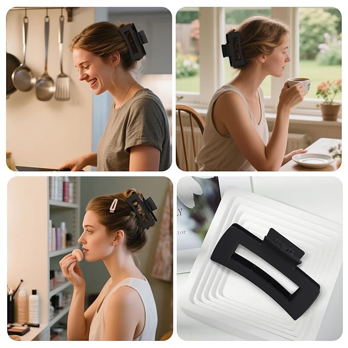CHANDAT Hair Clips for Women 4.3 Inch Large Hair Claw Clips 8 pcs Square Claw Clips & Flat Hair Clips for Thick or Thin Hair French Concord Hair Barrettes Alligator Hair Accessories for Women (Black)