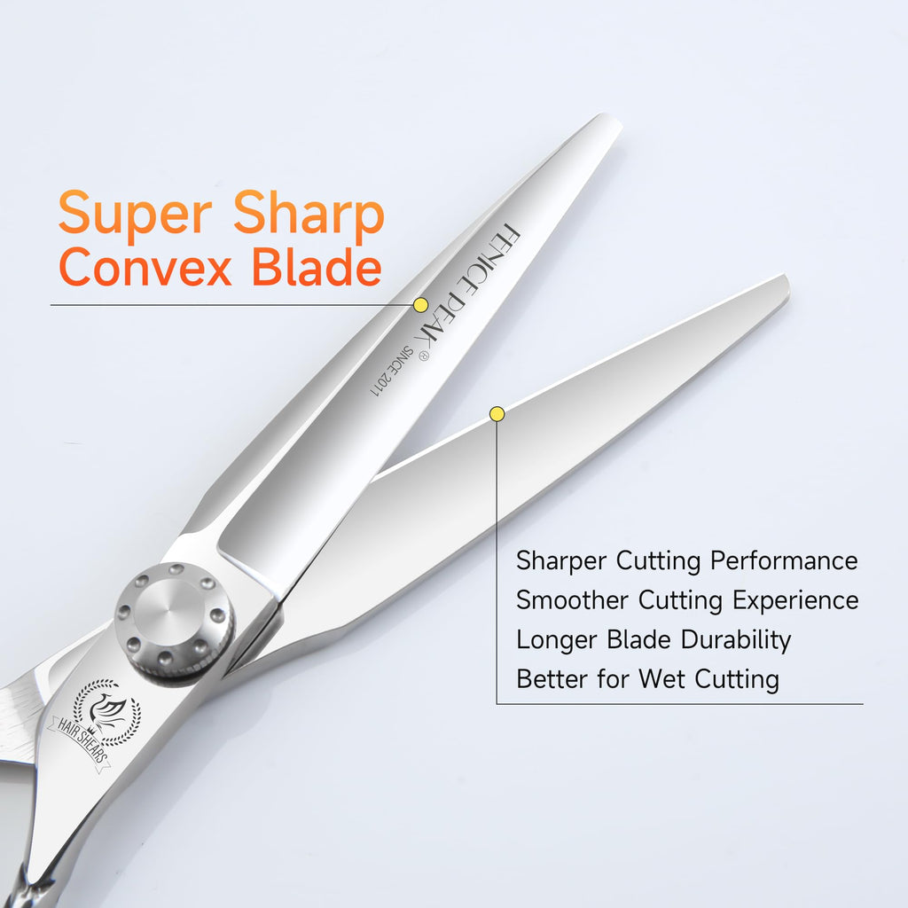 Fenice Peak Straight Hair Cutting Scissors 6.0'' Barber Haircut Shears with Sharp Razor Edge 440C Hair Scissors with Engraving Handle for Salon and Home User