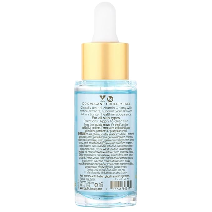 Pacifica Beauty Sea & C Love Vitamin C Serum for Face – Brightening & Anti-Aging Formula with Hyaluronic Acid, Green Tea & Algae – Blue Light Protection – Fades Dark Spots & Fine Lines – 1 Fl Oz