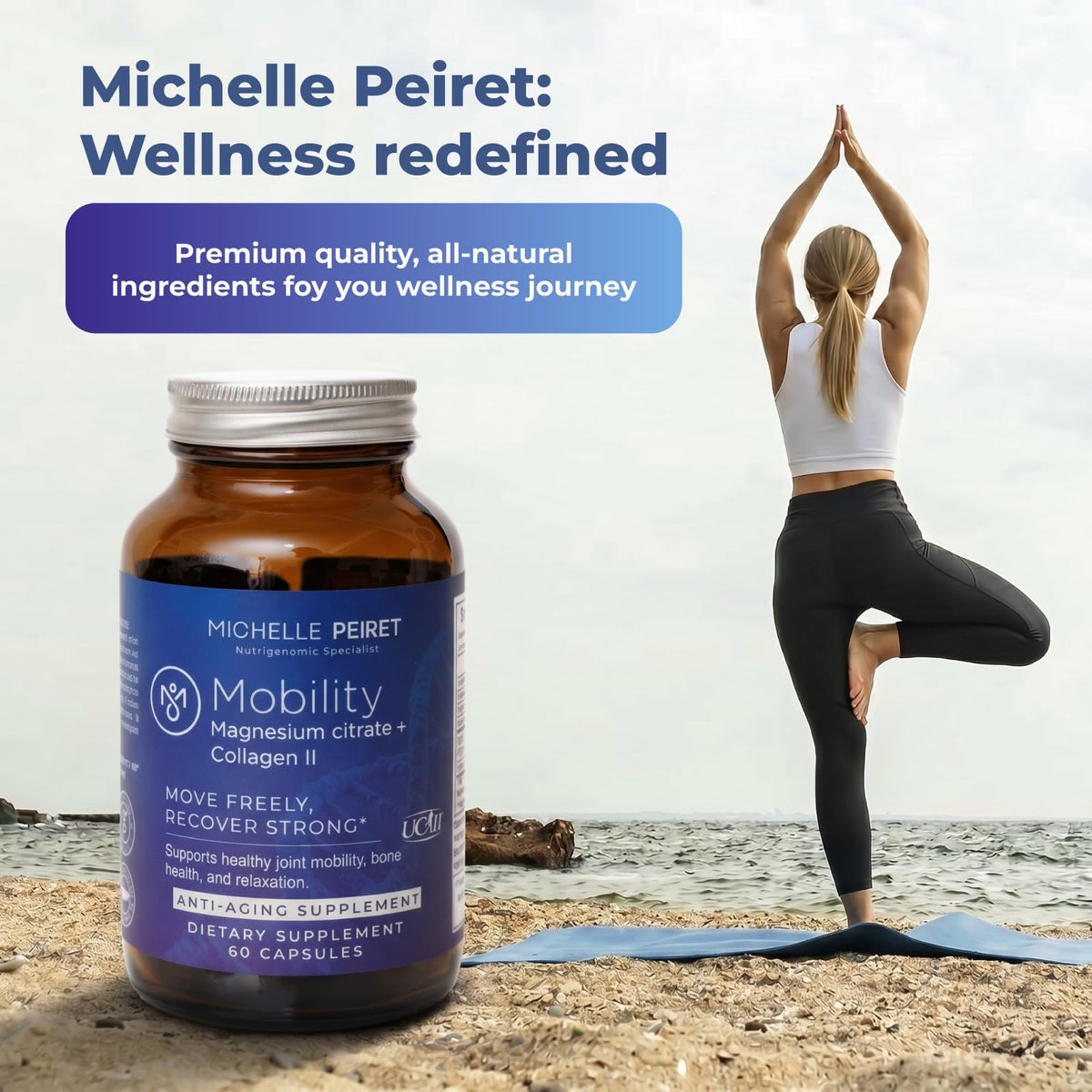 Michelle Peiret Mobility - Magnesium + Collagen Supplement with Hyaluronic Acid & Vitamin C | Supports Bones, Joints & Muscles | Gluten-Free & Non-GMO | 60 Capsules for Men & Women