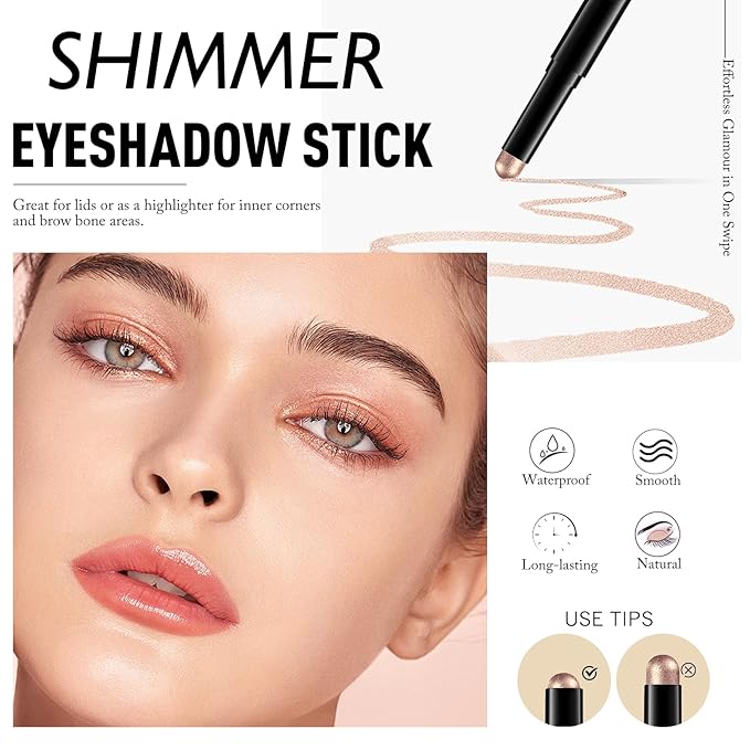 Wugbc Champagne Pink Shimmer Eyeshadow Stick, Waterproof Cream Eye Shadow Pencil Long-Lasting Crease-Proof Glitter Eyeshadow Crayon Smooth High Pigmented Highlighter Neutral Eye Shadow Liner Makeup