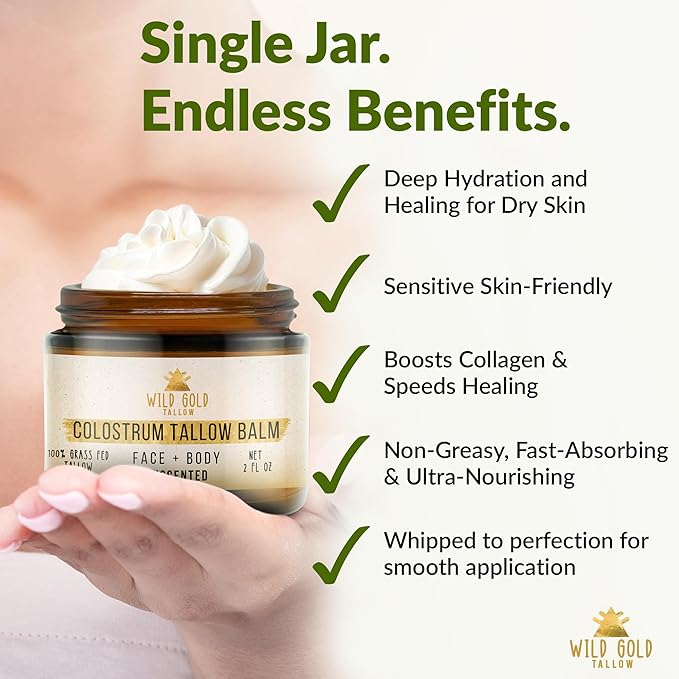 Wild Gold Tallow 100% Grass Fed Tallow Balm with Colostrum & Emu Oil - Handmade Whipped Beef Tallow for Face and Body, Sensitive Skin Tallow Moisturizer made with True First Colostrum, (Unscented)