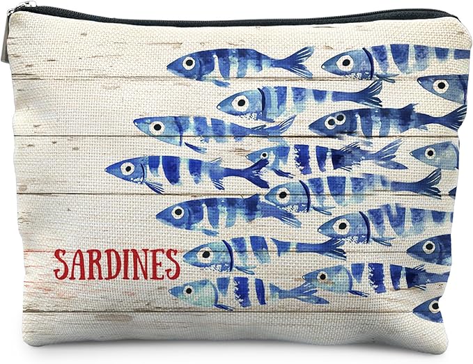 RYYCDOI Vintage Sardine Fish Makeup Bag, Ocean Beach Lovers Gifts Cosmetic Bags for Women, Gifts for Fishing Lovers, Retro Nautical Beach Zipper Makeup Pouch