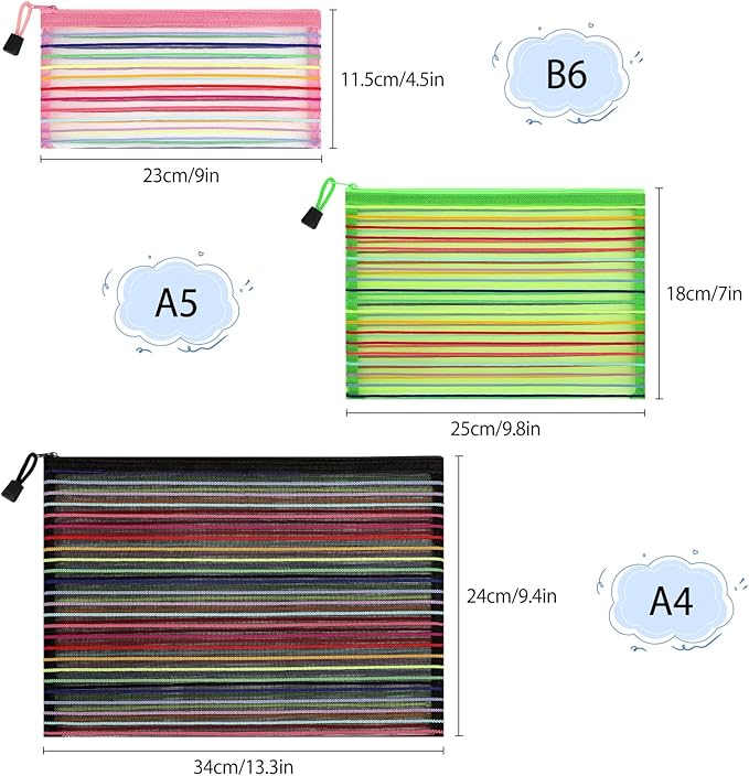 Sinzip 12 Pieces Zipper Nylon Mesh Pouch, Mesh Cosmetic Bags Makeup Bags Pencil Case, Multipurpose Travel Bags for Cosmetic School Office Supplies and Travel Accessories (Multicolor A, Assorted Sizes)
