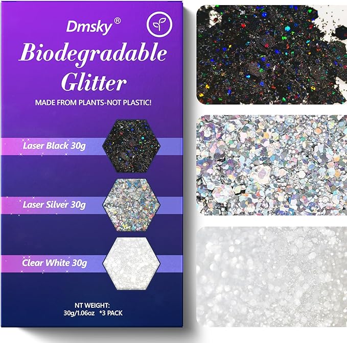 Dmsky Hexagonal Chunky Glitter,90g/3.18oz Craft Glitter for Crafts,Resin,Body,Nail,Face,Hair,DIY Decorations,3 Colors Non-Toxic Holographic Glitter,Silver Glitter,White Clear Glitter,Black Glitter