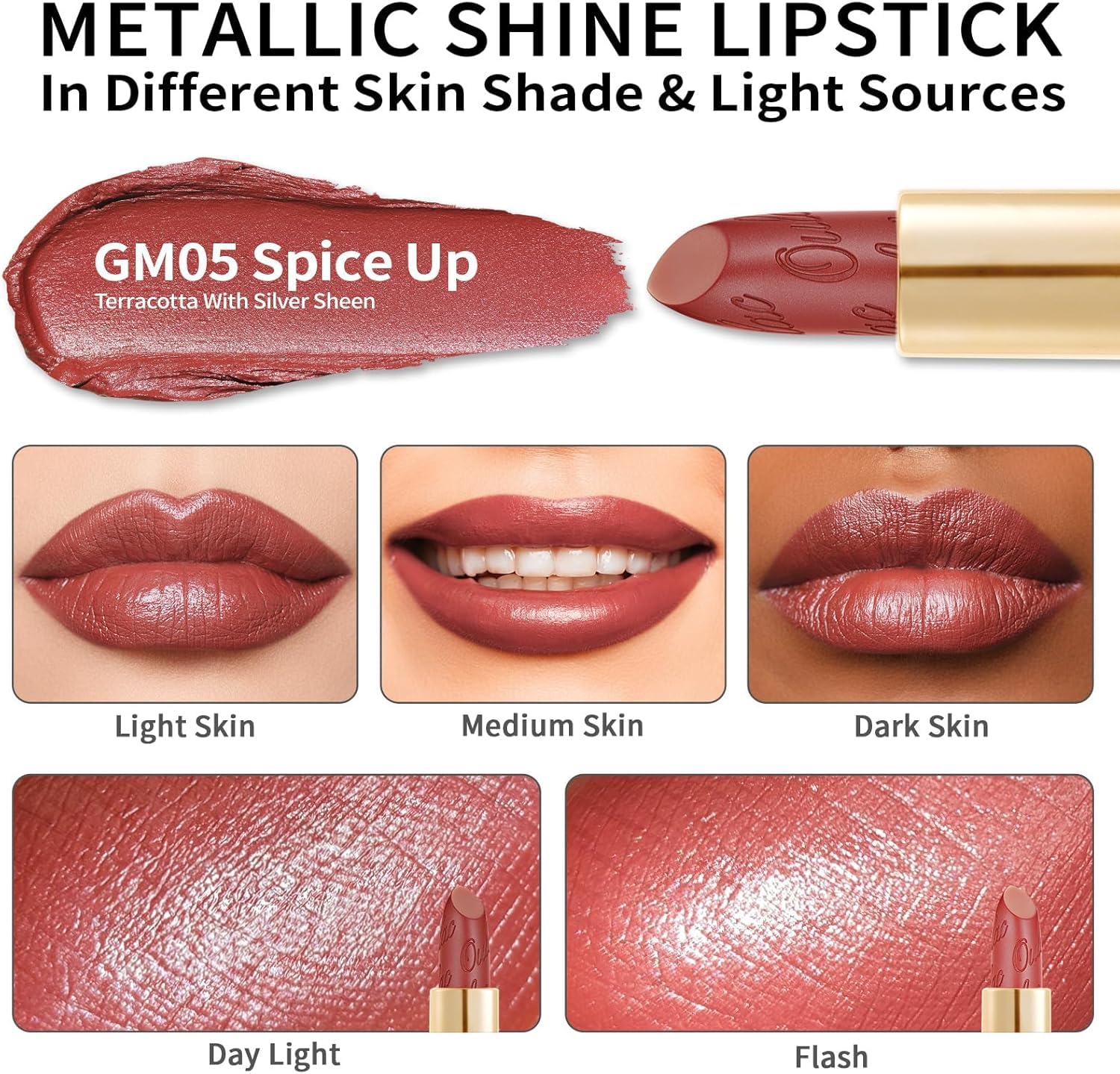 Oulac Matte Terracotta Lipstick with Glow Metallic Finish - Vegan Lipstick for Women, Creamy Texture, Hydrating Clean Beauty Formula, High-End Magnetic Hook Design, GM05 Spice up