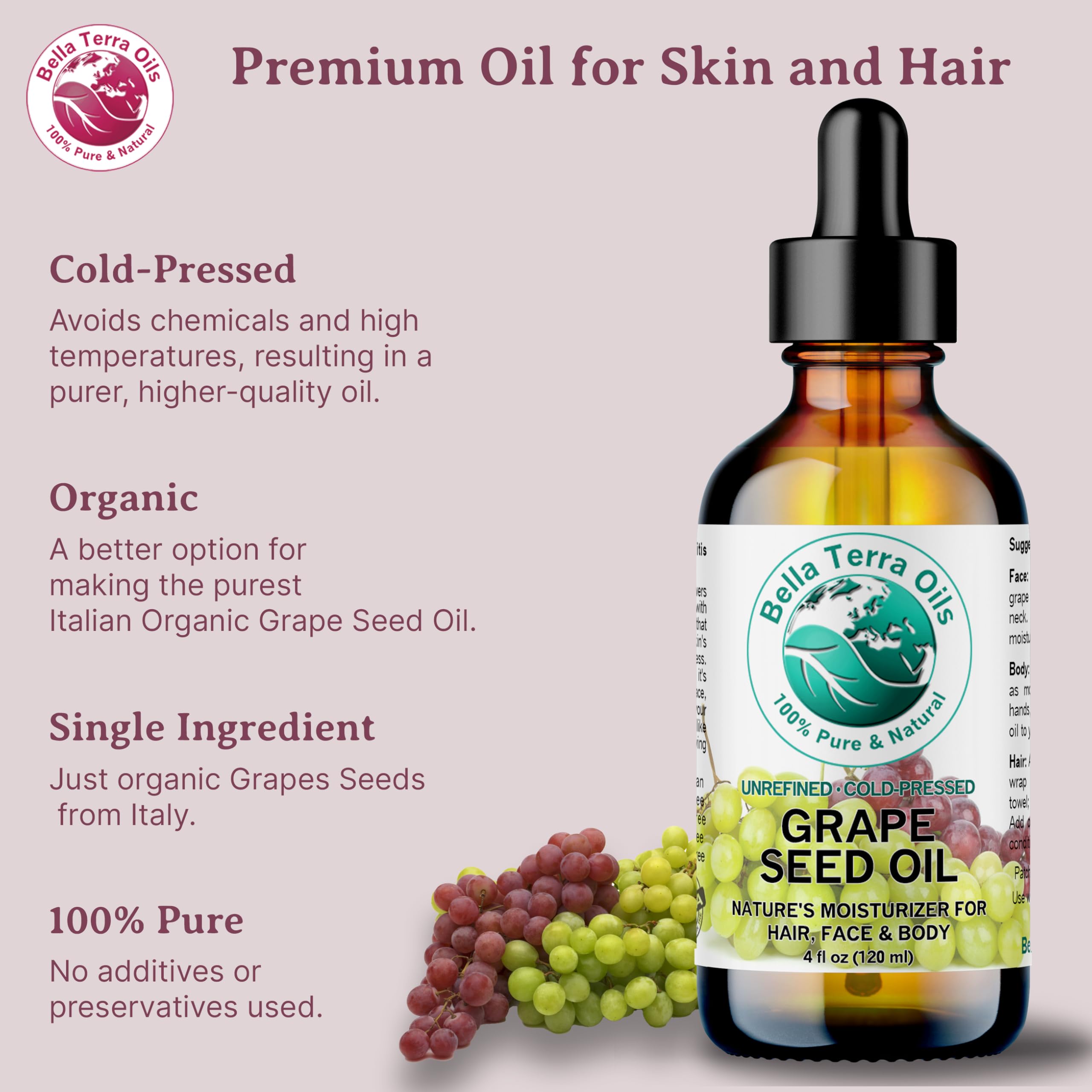 Bella Terra Oils Pure Grape Seed Oil – 1 gallon, Antioxidant-Rich, Lightweight, Radiant Skin, Frizz-Free Hair, Silky Touch