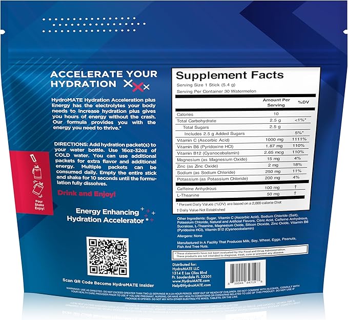 NatureWorks HydroMATE Electrolytes Powder Drink Mix Packets Hydration Accelerator Low Sugar Rapid Party Relief Recovery Vitamin C Plus Caffeine Watermelon 16 Count
