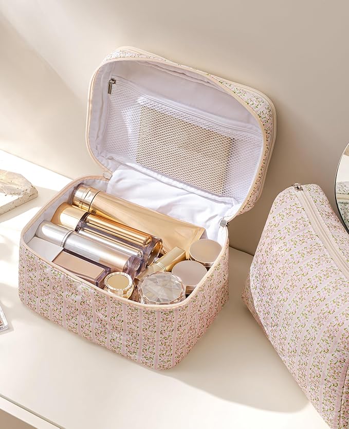 HBselect 2Pcs Travel Makeup Bag Large Quilted Cosmetic Bag Make up Bag
