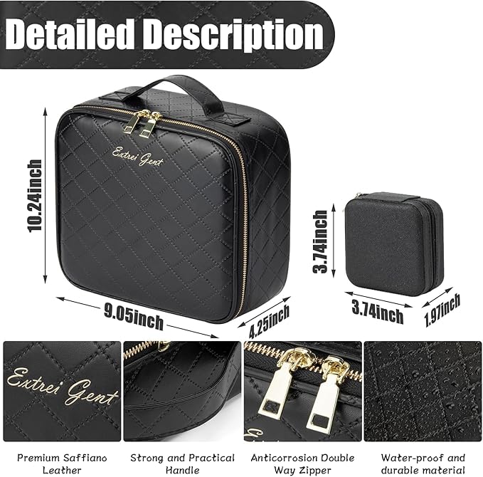 Extrei Gent Makeup Travel Train Case with Mirror LED Light 3 Adjustable Brightness Cosmetic Bag Portable Storage Adjustable Partition Waterproof Makeup Brushes Makeup Jewelry Gift for Women (Black-1)