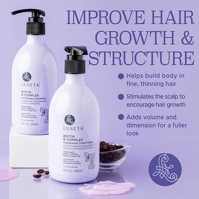 LUSETA Thickening & Hair Strengthening Care- Biotin B-Complex Shampoo and Conditioner Set for Thinning Hair. Routine Volumizing Formula with Niacin, Caffeine & Argan Oil, for Women and Men, 2 x 16.9oz