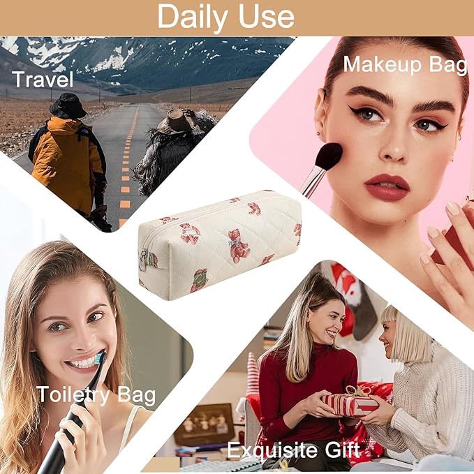 HHQQWZ Cute Floral Cotton Makeup Brush Cosmetic Bag for Women, Travel Quilted Zipper Make Up Bag, Flowers Toiletry Organizer Case Kawaii Makeup Cosmetic Travel Cloth Pouch (Rabbit Bear)