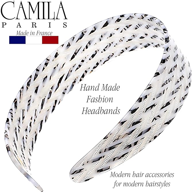 Camila Paris CP3462 French Headband for Women, Handmade White and Gray, Strong Hold Grip Women's Hair Band, Ligth and Very Flexible, No Slip Durable Styling Girls Hair Accessories, Made in France