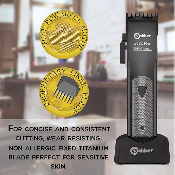 Caliber Pro -.50 Cal Limited Edition Clipper - Long Lasting 8+ Hours of Power - Ultra Low Noise Technology - Rechargeable Powerful Battery - Easy Zero Gap Cut - Hair Grooming Tool for Men (Black)