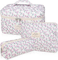 Gosect Makeup Bag Set, Quilted Makeup Bag, Large Floral Cosmetic Bag for Women, Cute Cotton Makeup Bags, Flower Travel Toiletry Organizer Bag (Purple Flower)
