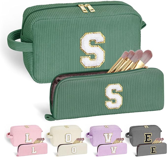 YOOLIFE Girls Makeup Bag - Teen Girl Gifts Deep Green Letter Make Up Bag Cosmetic Bag Mini Makeup Brush Bag Mother Teacher Gifts for Women Her Best Friend Birthday Gifts for Women Sister Initial S