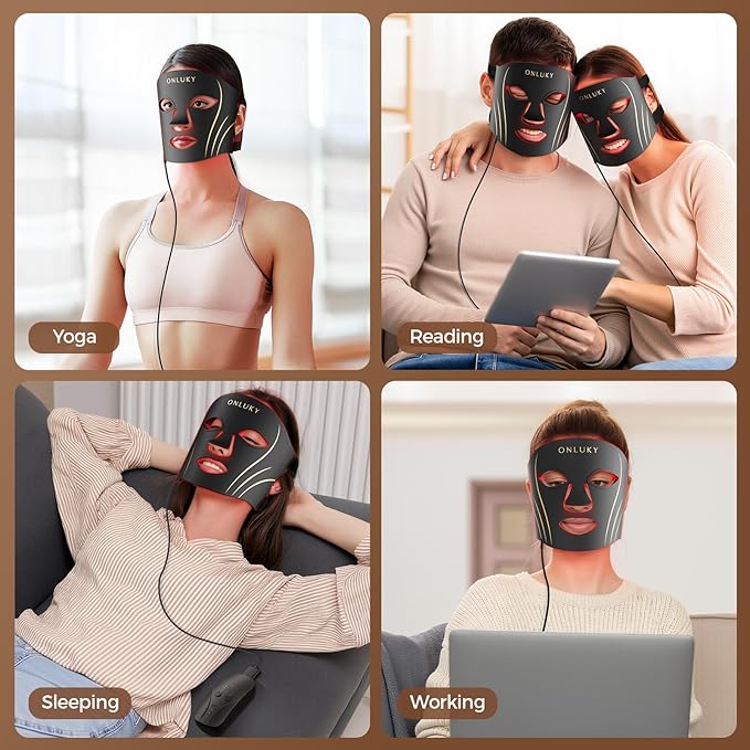 ONLUKY Red Light Therapy Mask for Face,70 LED Face Mask Light Therapy,USB C Rechargeable,Infrared Light Therapy Mask for Home Working Travel Yoga Sleep
