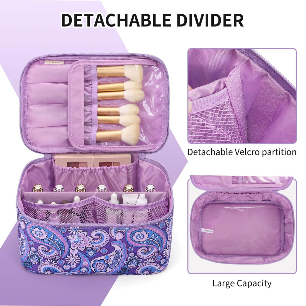 OCHEAL Makeup Bag - Portable Large Capacity Travel Cosmetic Case for Women with Handle and Divider Toiletry Organizer for Girls on the Go -Purple