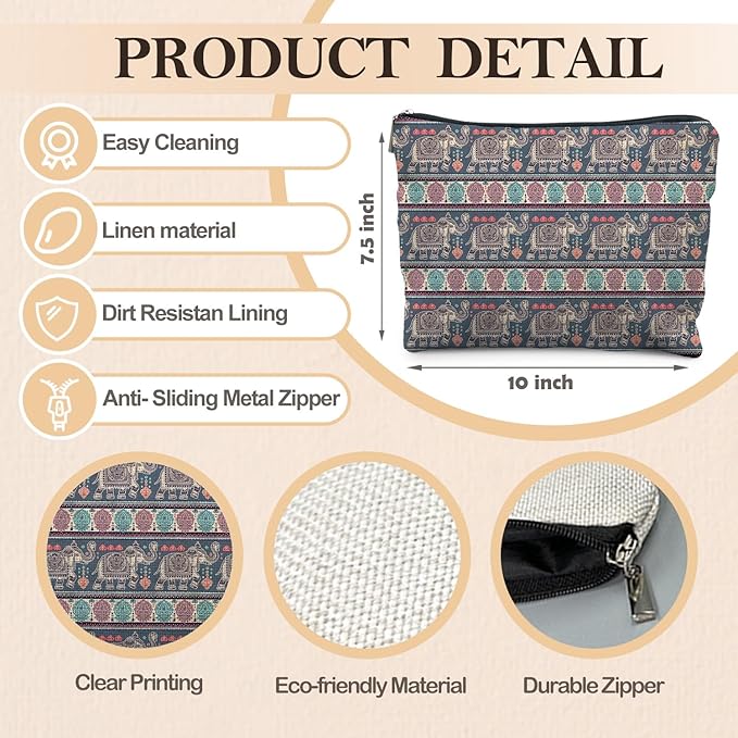 RYYCDOI Bohemian Elephant Makeup Bag - Ethnic Indian Elephant Cosmetic Bags - Toiletry Bag - Boho Gifts