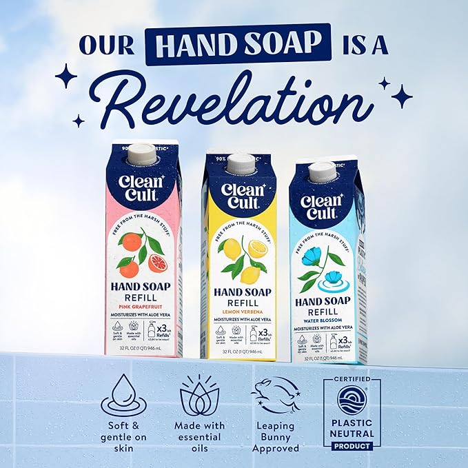 Cleancult Liquid Hand Soap Refills - Lemon Verbena - Moisturizes Dry & Sensitive Skin - Made with Aloe Vera & Essential Oils - Eco Friendly - Paper-Based Packaging - 32 oz/3 Pack