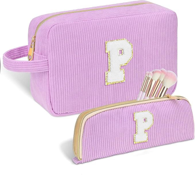 Sernaxi Personalized Initial Makeup Bag Trendy Stuff Corduroy Cosmetic Bag Travel Toiletry Bag, Valentine’s Day Gift Makeup Organizer Case & Makeup Pouch for Women teen Girls Mom Girlfriend Wife