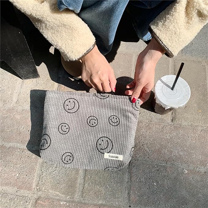Gardsell Cosmetic Bags for Women - Corduroy Cosmetic Bag Aesthetic Women Handbags Purses Smile Dots Makeup Organizer Storage Makeup Bag Girls Case Bags (A-Gray)