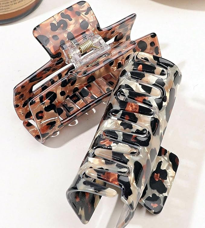 Textention Tortoise Hair Claw Clips, 3 Inch Non-Slip Acrylic Banana Barrettes Jaw Clips, Leopard Print Strong Hold Stylish Hair Accessories for Women Ladies Thin Thick Hair (2pcs)