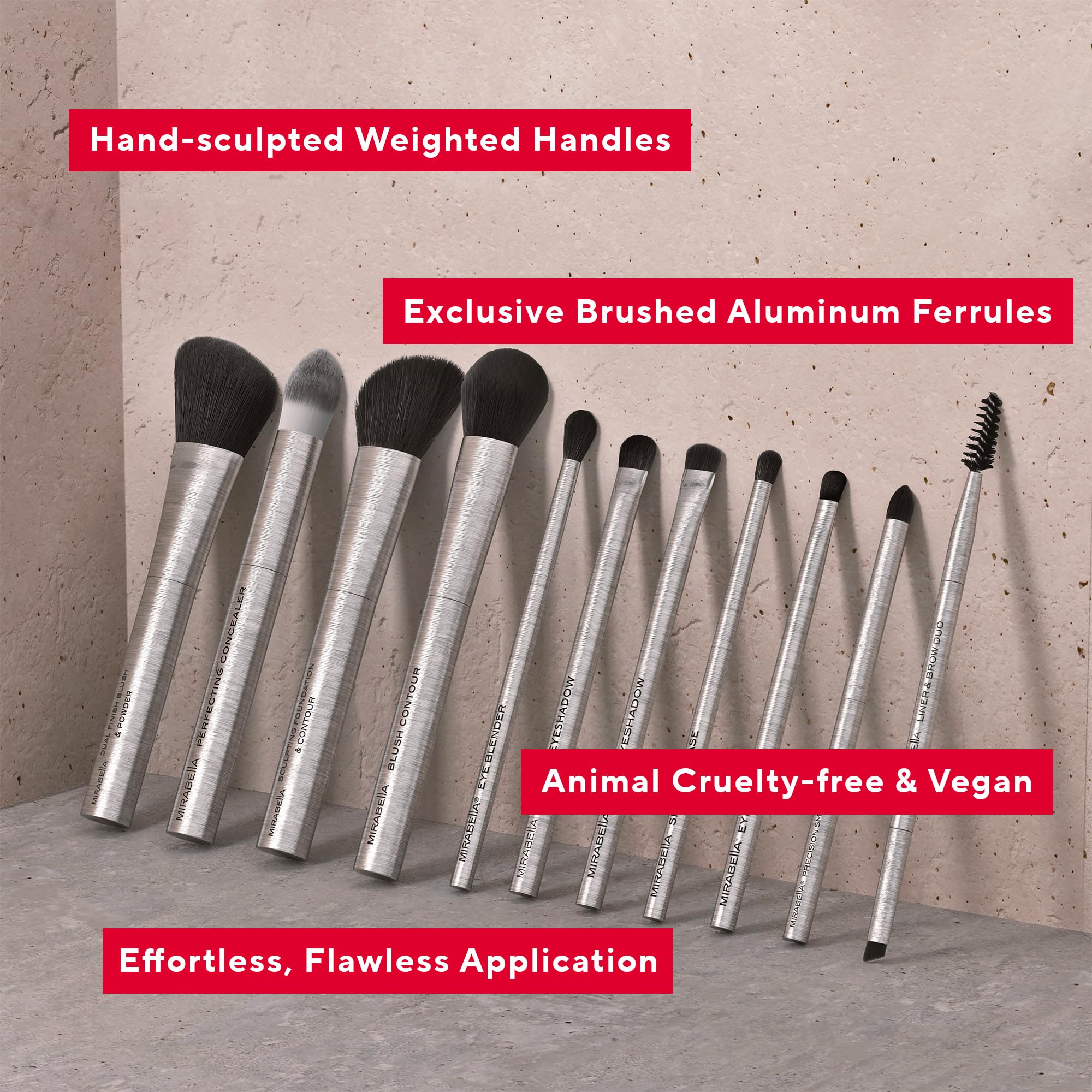 Mirabella Perfecting & Sculpting Duo Foundation Brush, Professional Makeup Brush Collection, Cruelty-Free Synthetic Bristle Brush, Hand-Sculpted Brushed Aluminum Handle Blending Brush for Makeup