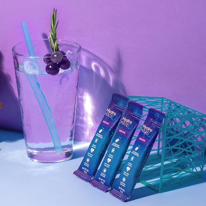 HydroMATE Electrolytes Powder Drink Mix Packets Hydration Accelerator Low Sugar Rapid Party Relief Recovery Vitamin C Plus Grape Pack 30 Count
