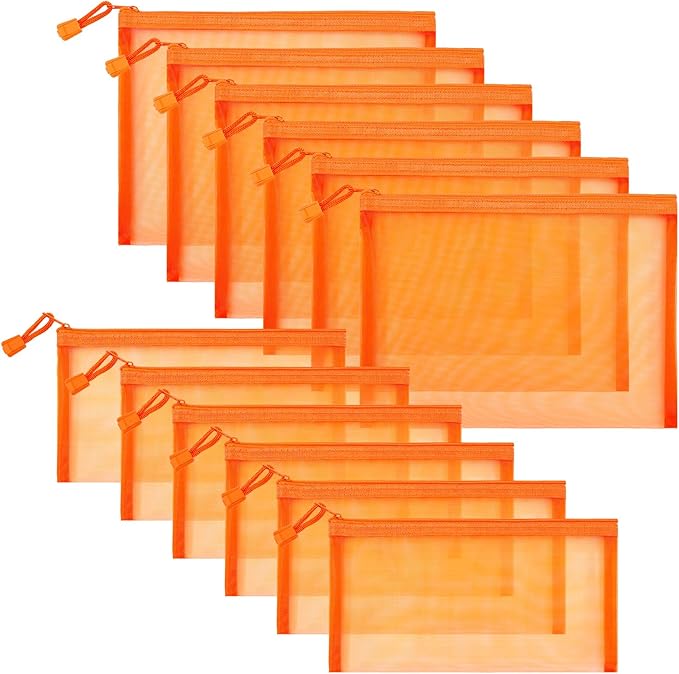 Sinzip 12 Pieces Zipper Nylon Mesh Pouch, Mesh Cosmetic Bags Makeup Bags Pencil Case, Multipurpose Travel Bags for Cosmetic School Office Supplies and Travel Accessories (Orange, A5+B6)